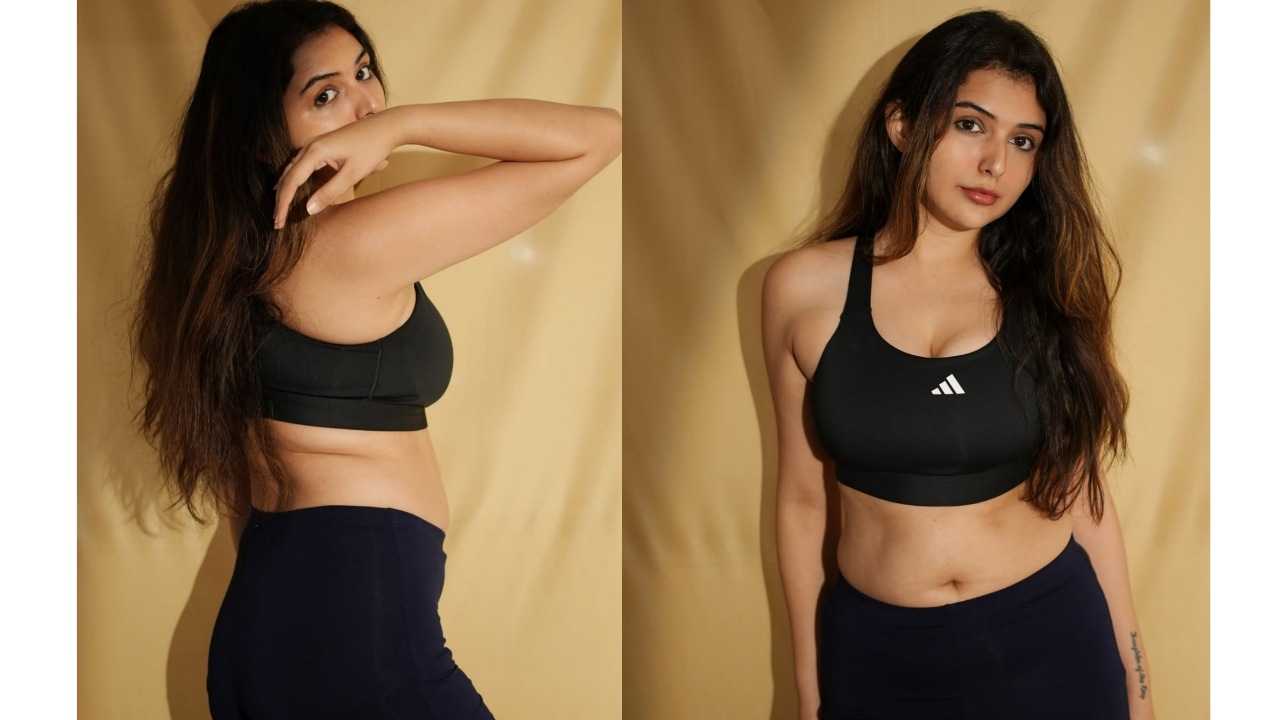 Vedvika curvy navel folds exposed in black bralette top